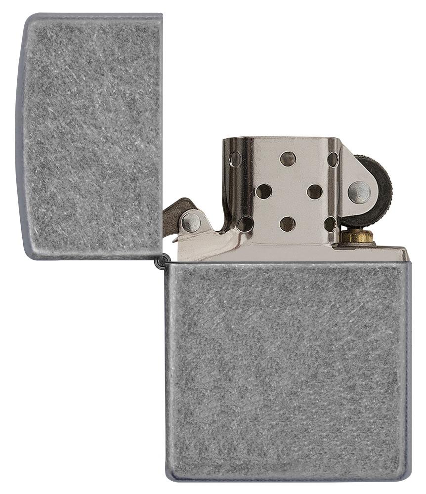 Classic Antique Silver Plate Windproof Lighter with its lid open and unlit