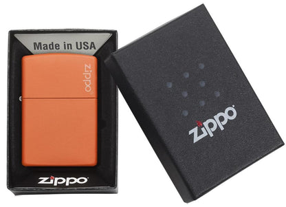 Classic Orange Matte Zippo Logo Windproof Lighter in its packaging