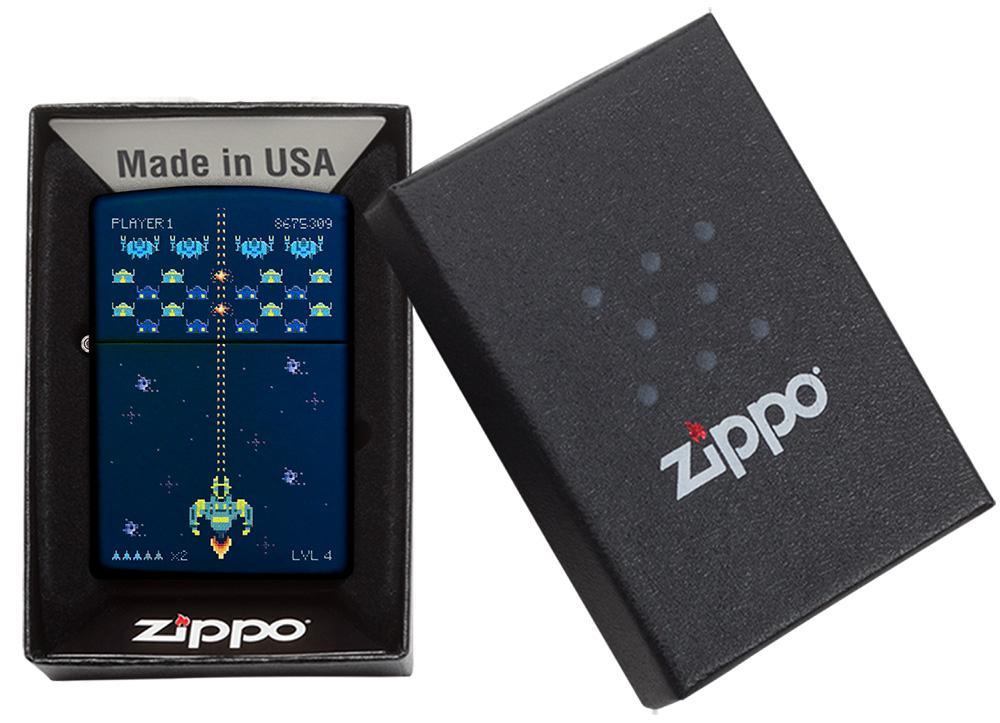 Pixel Game Navy Matte windproof lighter in packaging 